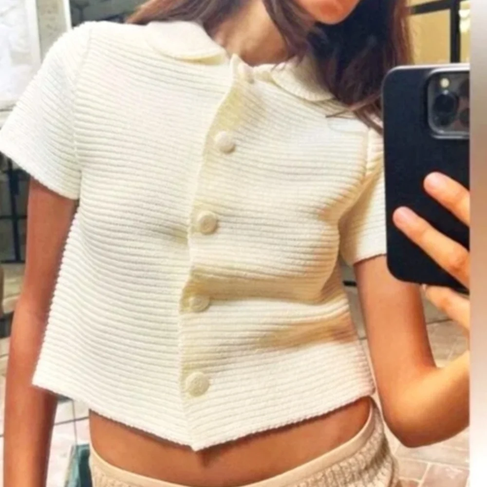 Zara Peter Pan Ecru Button-Up Women's Top Sz M - Picture 1 of 8
